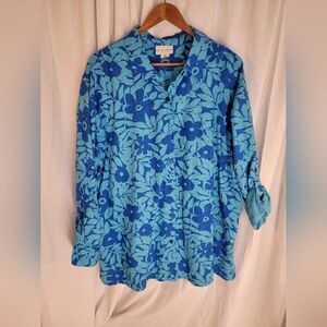 Linen Jaclyn Smith Tropical Blue Floral Henley Blouse Plus Size